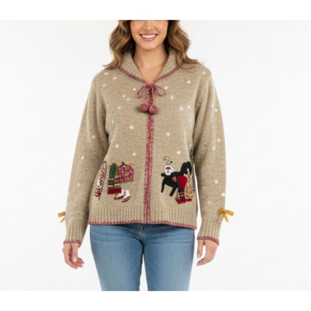 Northern Isles Tan Marled 2004 Christmas Winter Scenes Full Zip Sweater Size XL